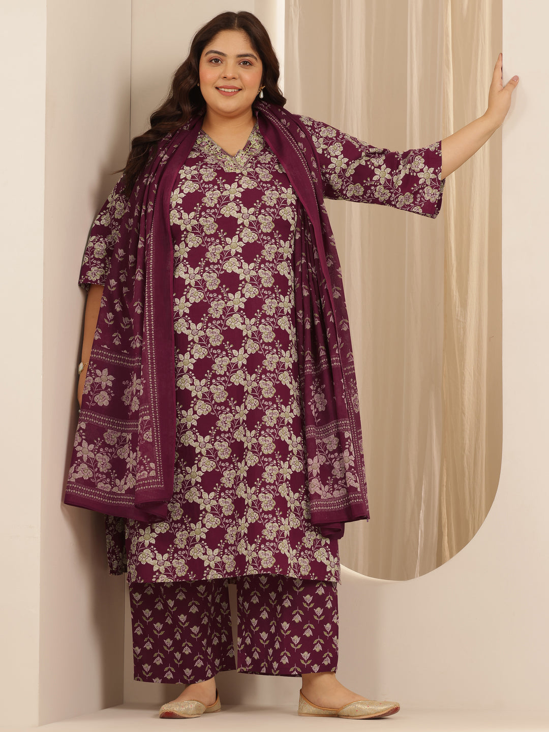  Plus Size Burgundy Printed Cotton Straight Suit Set With Dupatta 