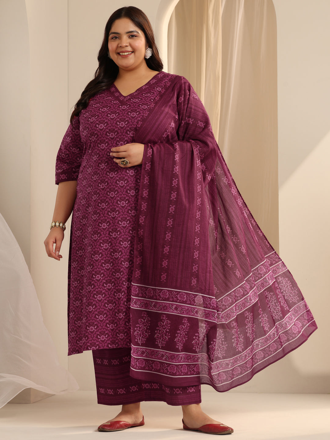  Plus Size Burgundy Printed Cotton Straight Suit Set With Dupatta 