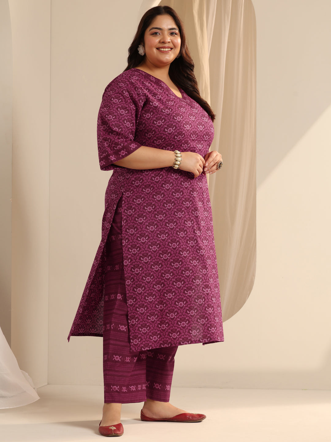 Plus Size Burgundy Printed Cotton Straight Suit Set With Dupatta 