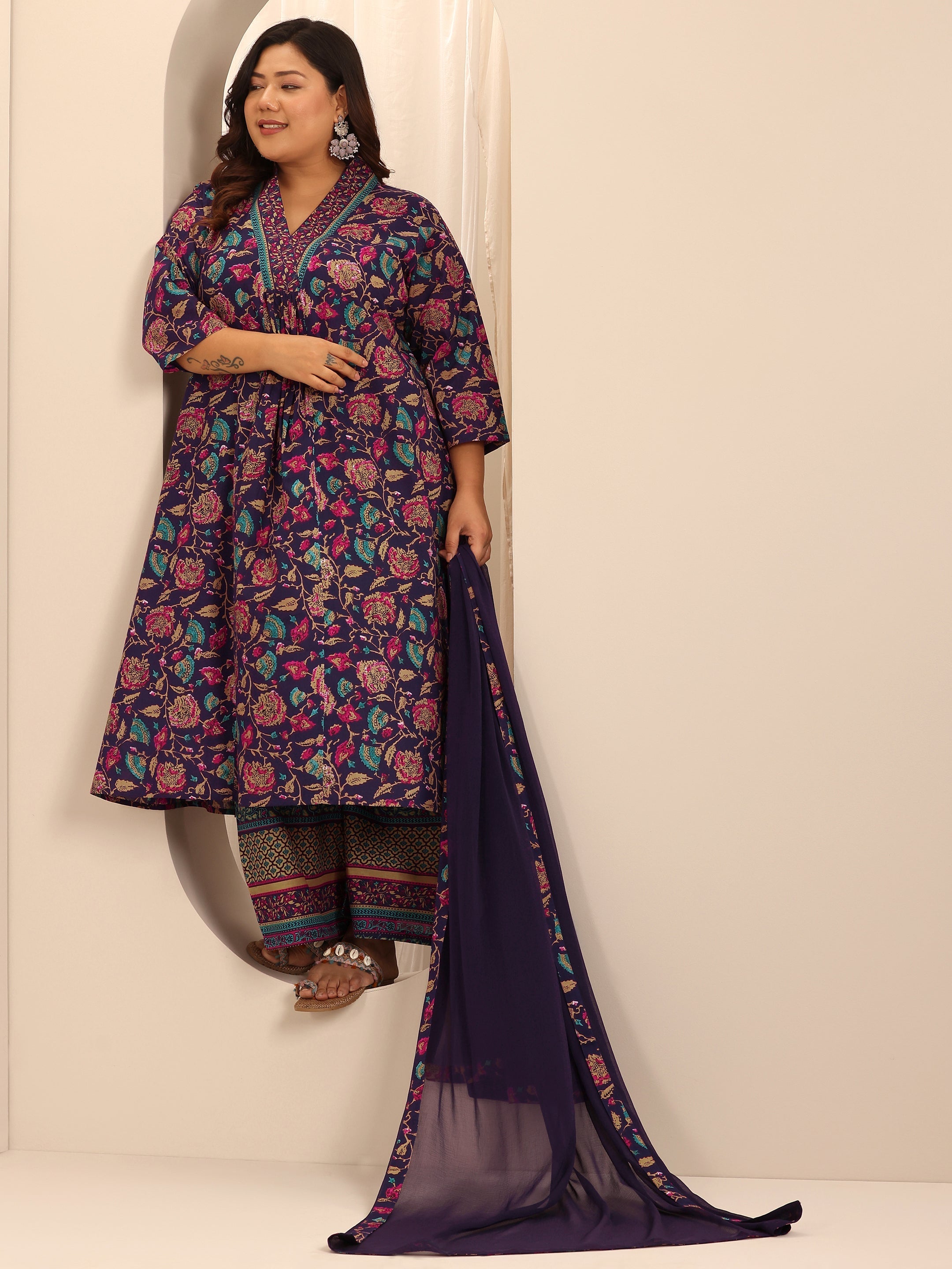 libas Plus Size Purple Printed Cotton A-Line Suit Set With Dupatta-picture-68
