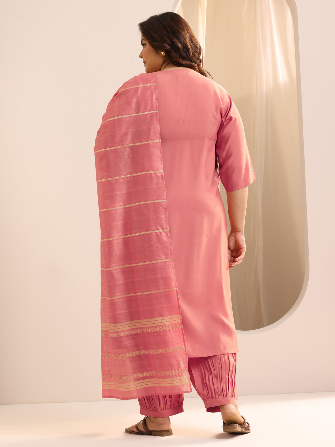  Plus Size Peach Yoke Design Silk Blend Straight Suit Set With Dupatta 