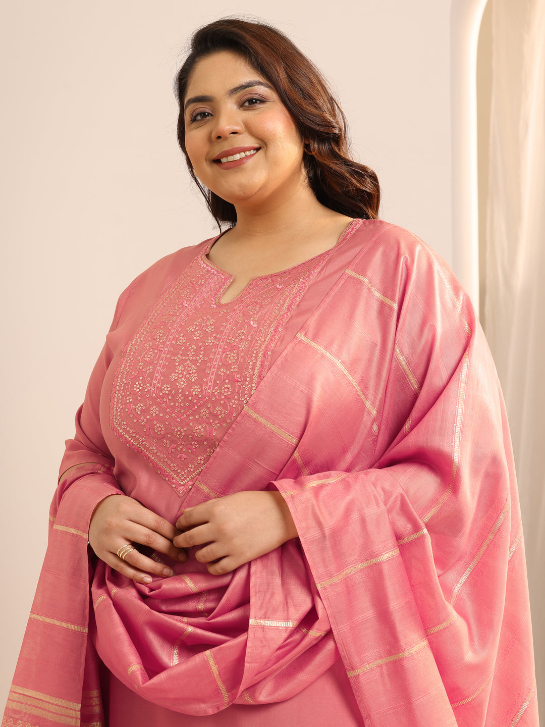  Plus Size Peach Yoke Design Silk Blend Straight Suit Set With Dupatta 
