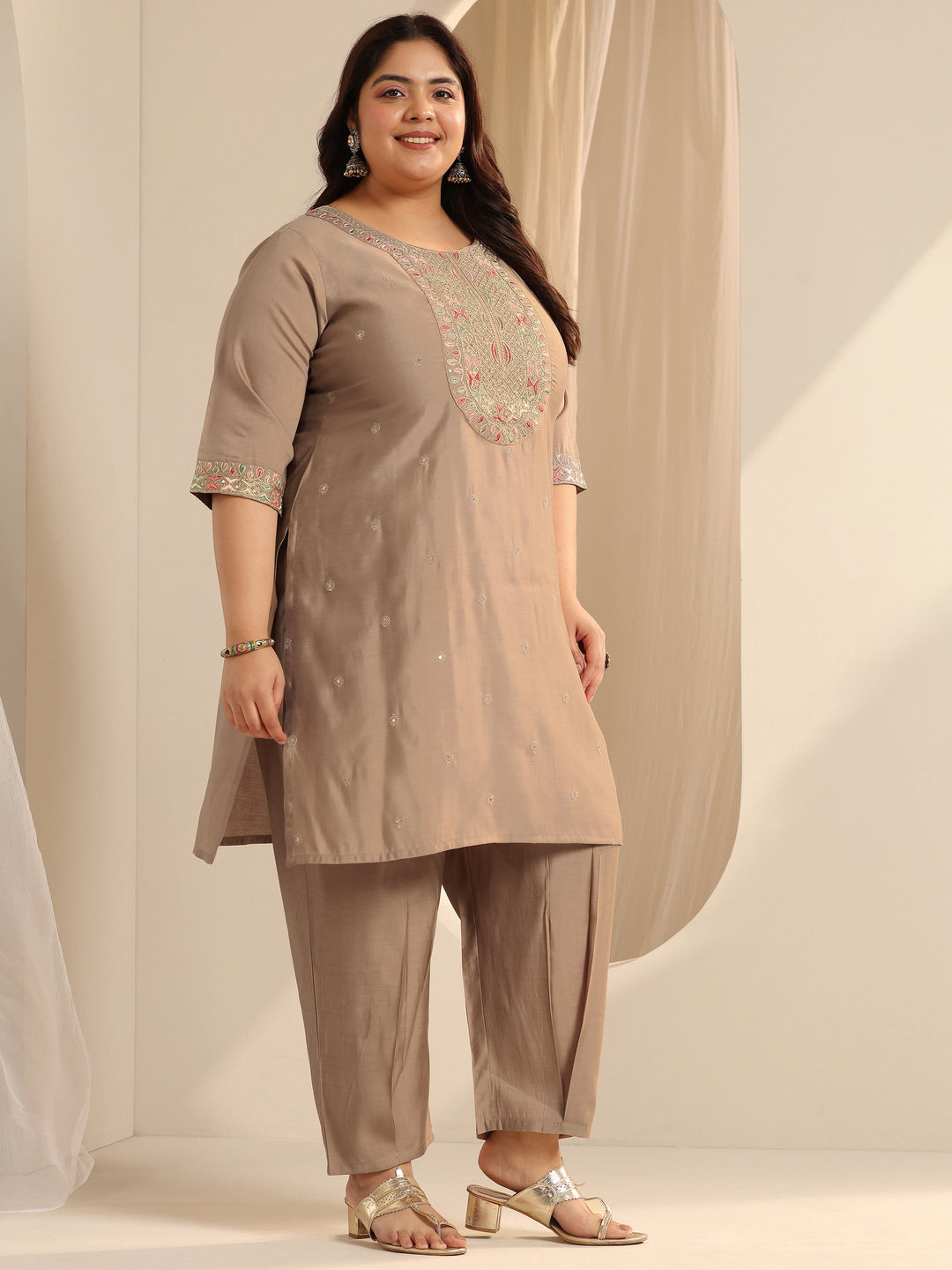  Plus Size Beige Yoke Design Silk blend Straight Suit Set With Dupatta 