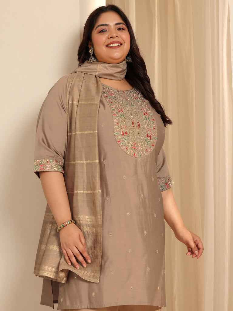 Plus Size Beige Yoke Design Silk blend Straight Suit Set With Dupatta