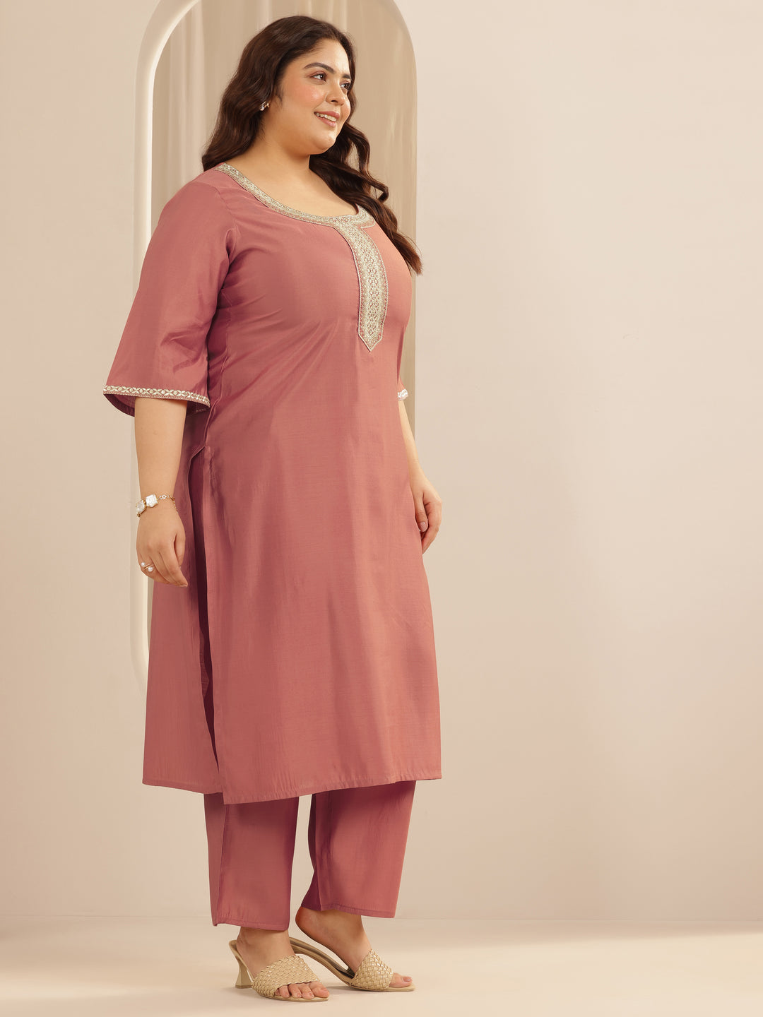  Plus Size Peach Yoke Design Silk blend Straight Suit Set With Dupatta 