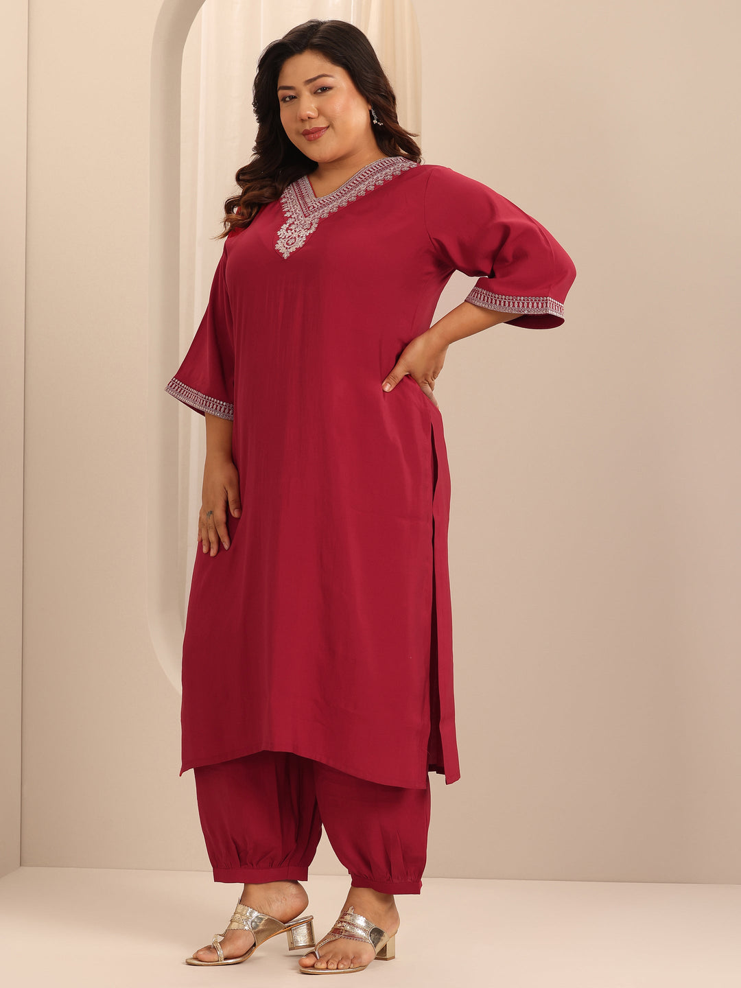  Plus Size Red Yoke Design Silk Blend Straight Suit Set With Dupatta 