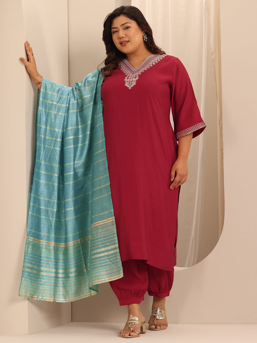  Plus Size Red Yoke Design Silk Blend Straight Suit Set With Dupatta 