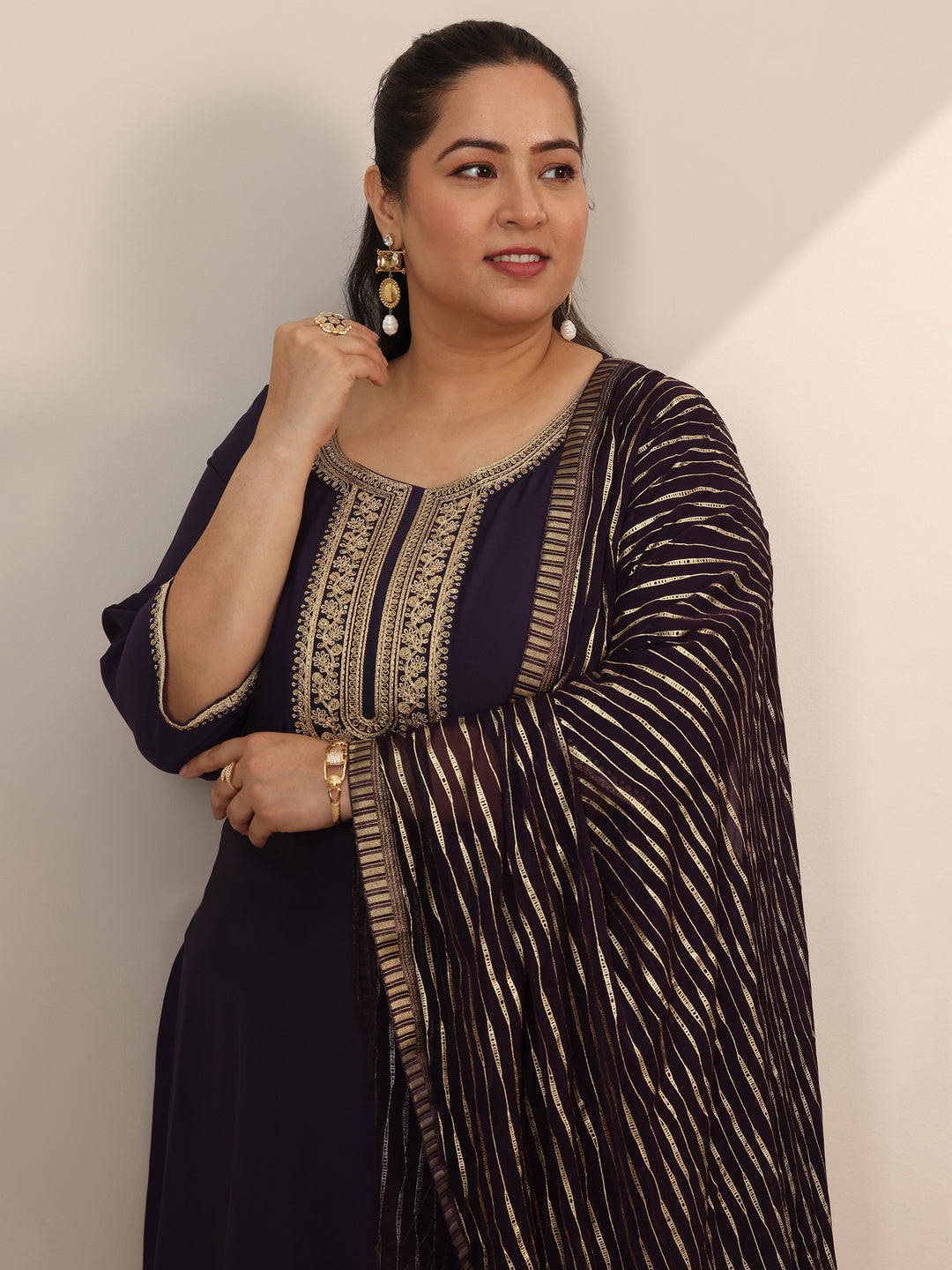  Plus Size Purple Yoke Design Silk Blend Straight Suit Set With Dupatta 