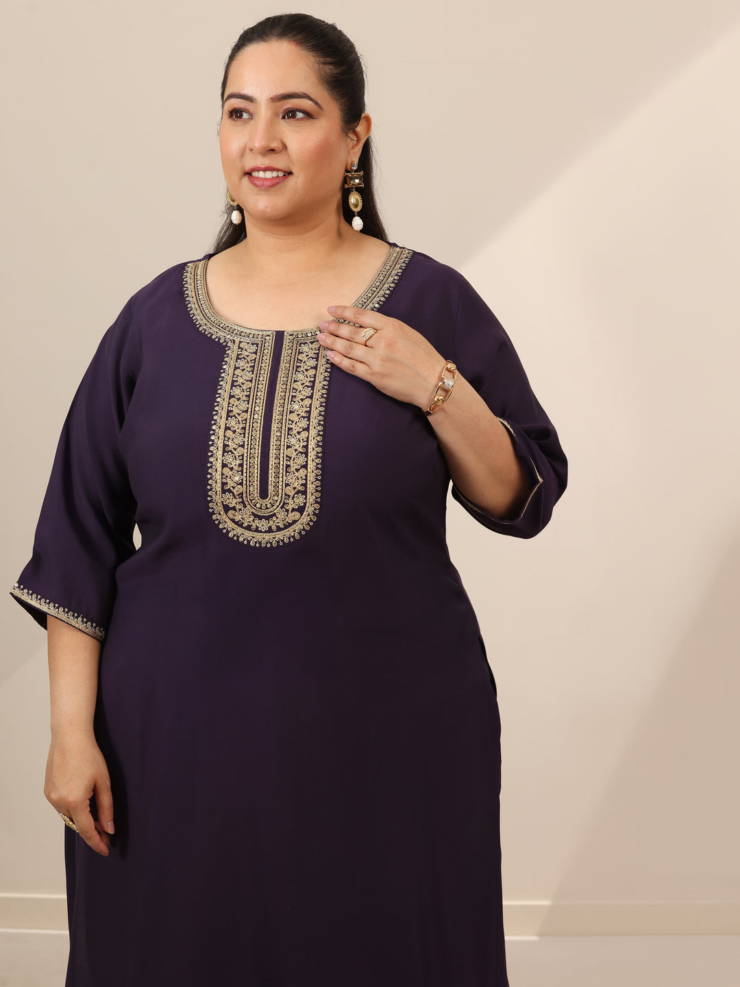  Plus Size Purple Yoke Design Silk Blend Straight Suit Set With Dupatta 