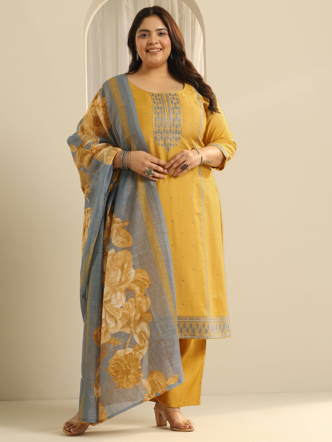  Plus Size Mustard Printed cotton blend Straight Suit Set With Dupatta 