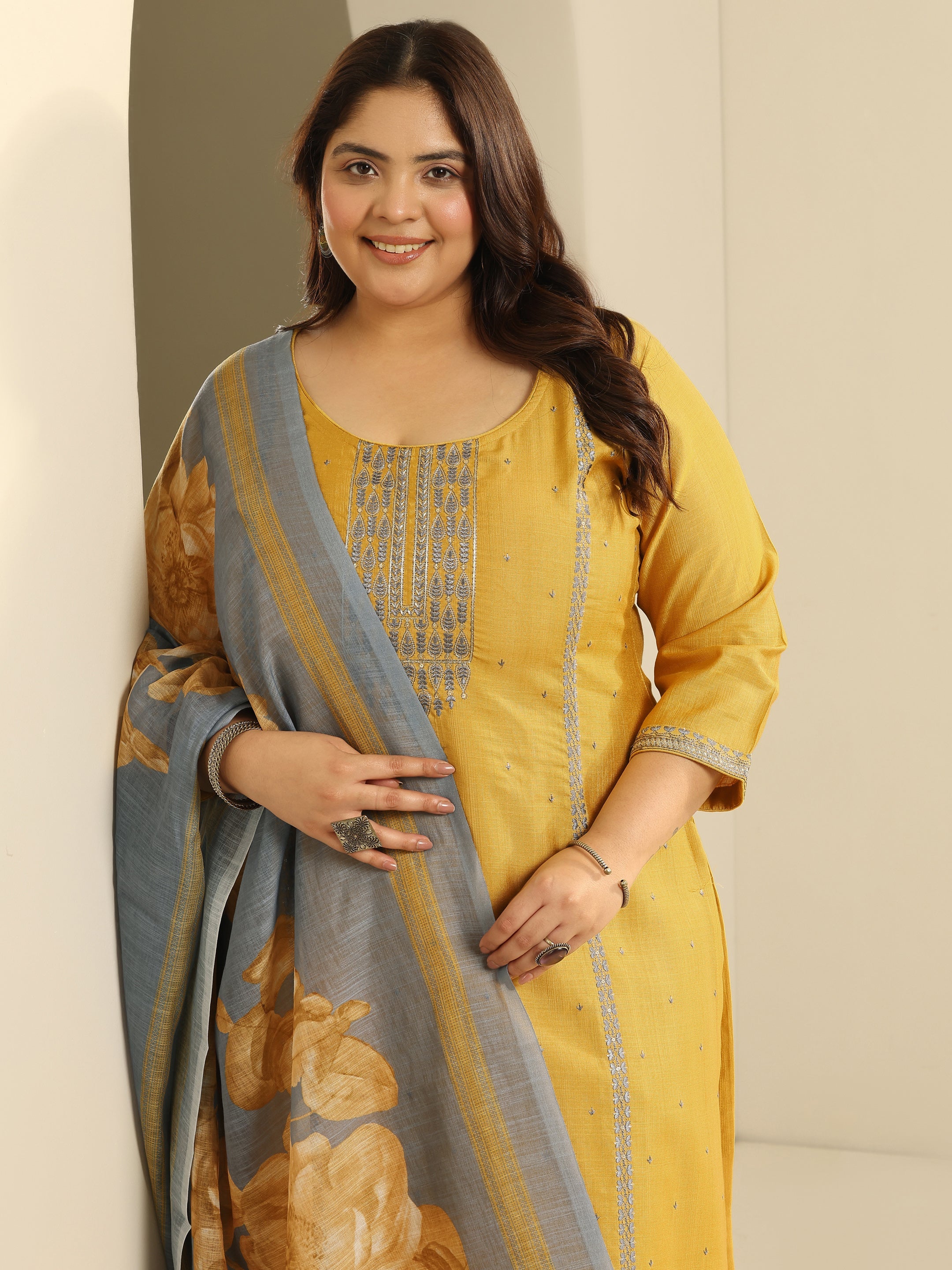 libas Plus Size Mustard Printed cotton blend Straight Suit Set With Dupatta-picture-63
