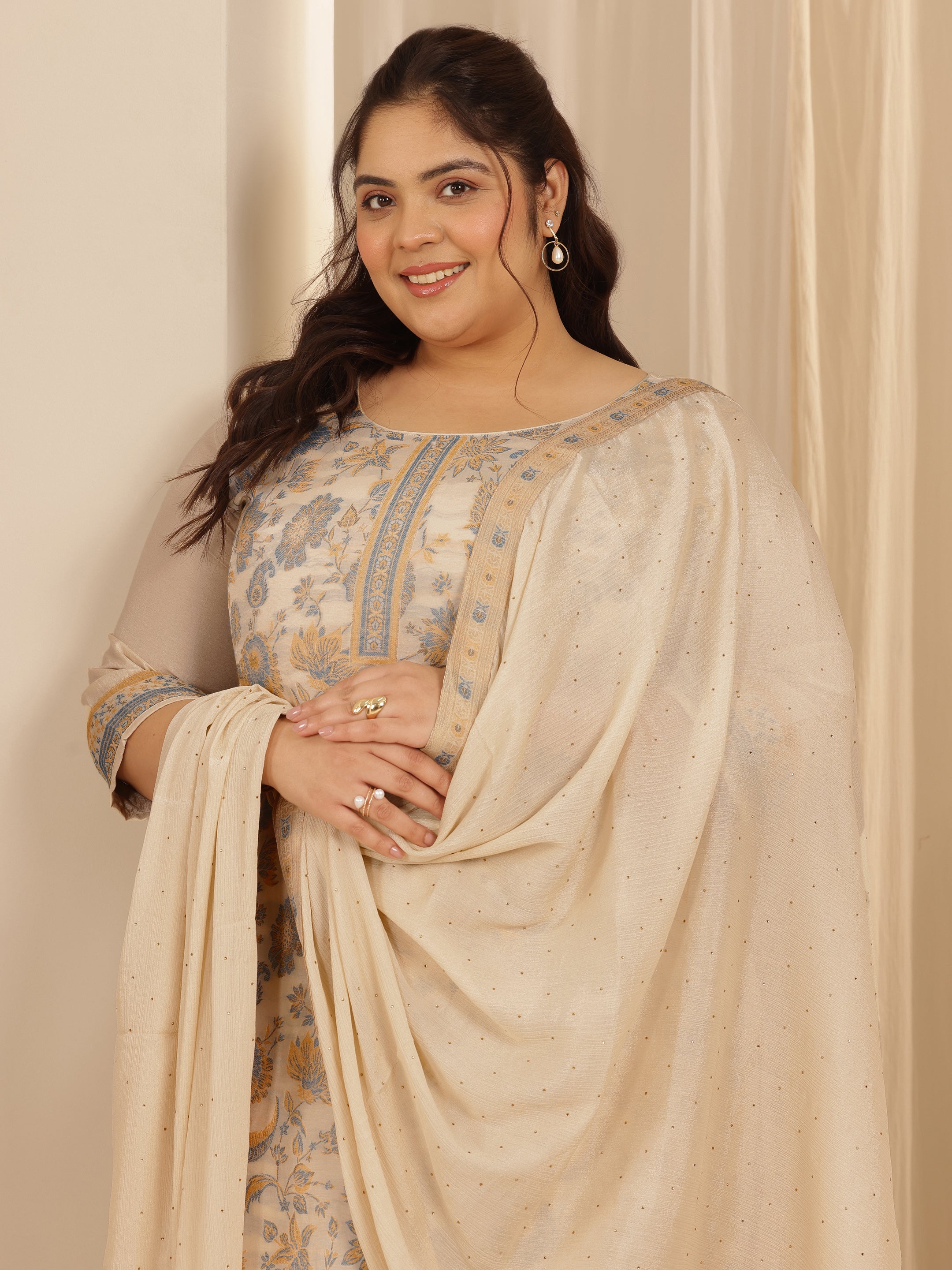 libas Plus Size Beige Woven Design Silk blend Straight Suit Set With Dupatta-picture-53