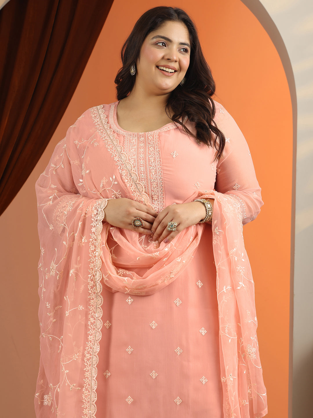  Plus Size Peach Embroidered Chiffon Straight Suit Set With Dupatta 