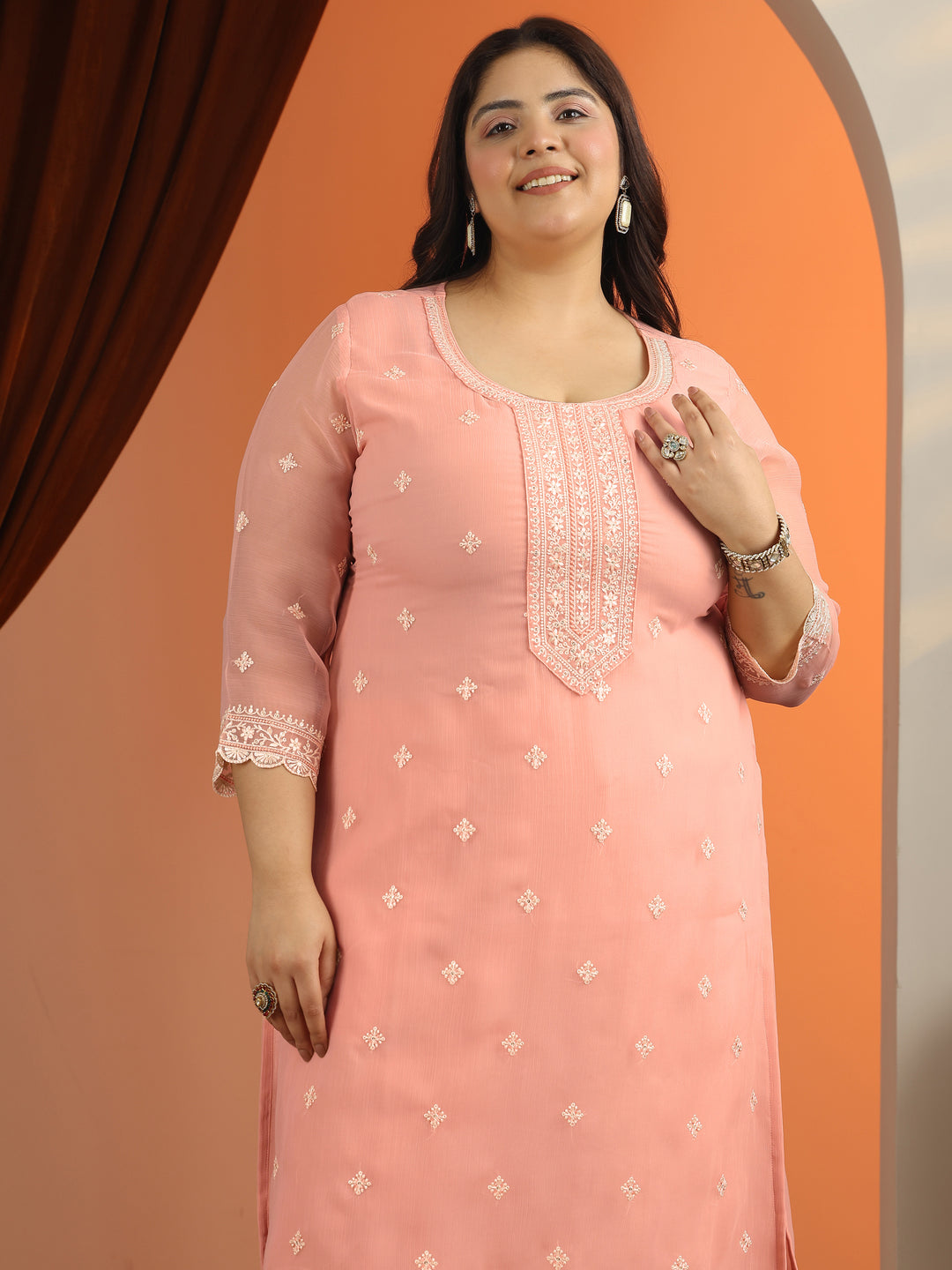  Plus Size Peach Embroidered Chiffon Straight Suit Set With Dupatta 