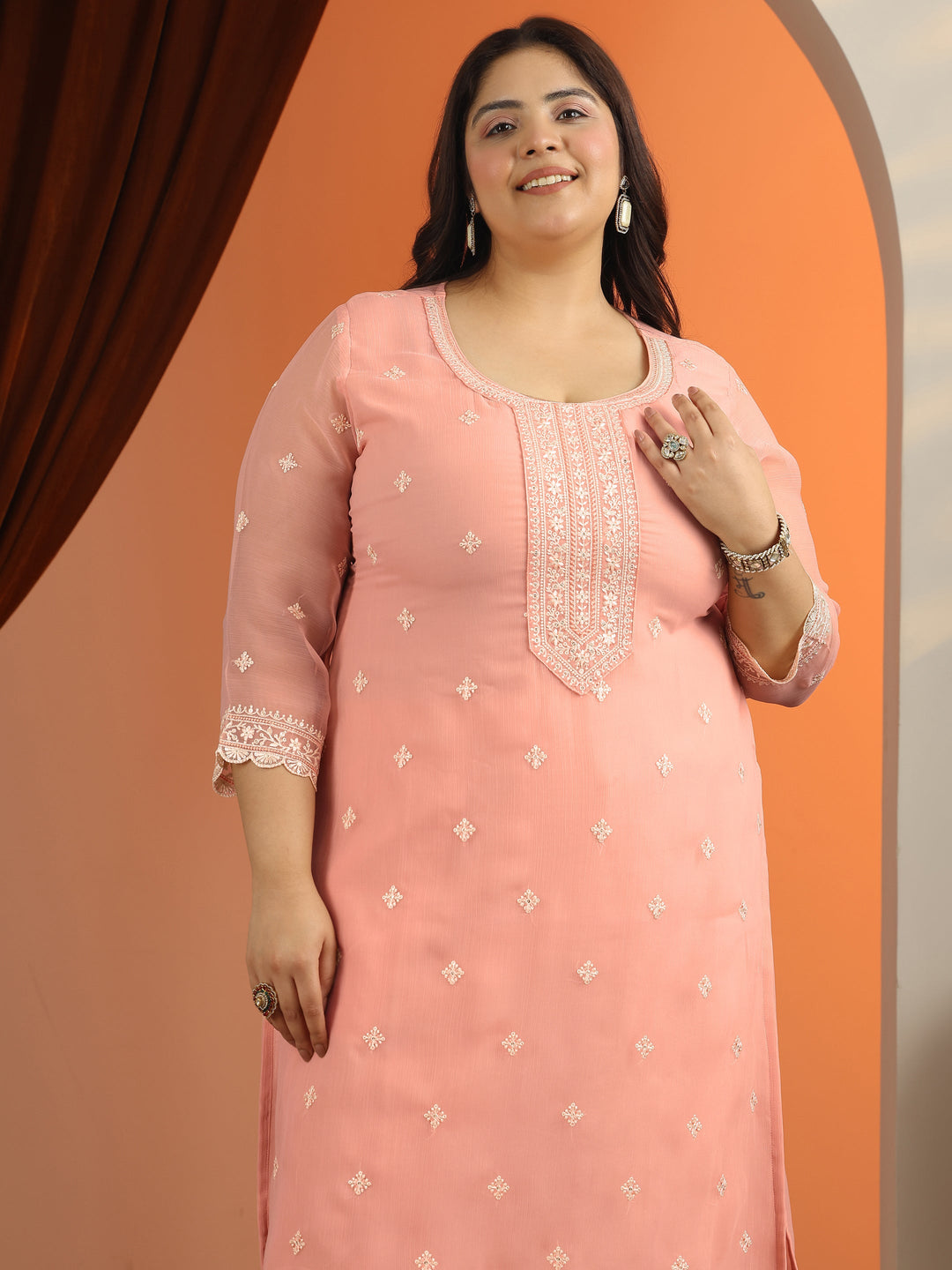  Plus Size Peach Embroidered Chiffon Straight Suit Set With Dupatta 