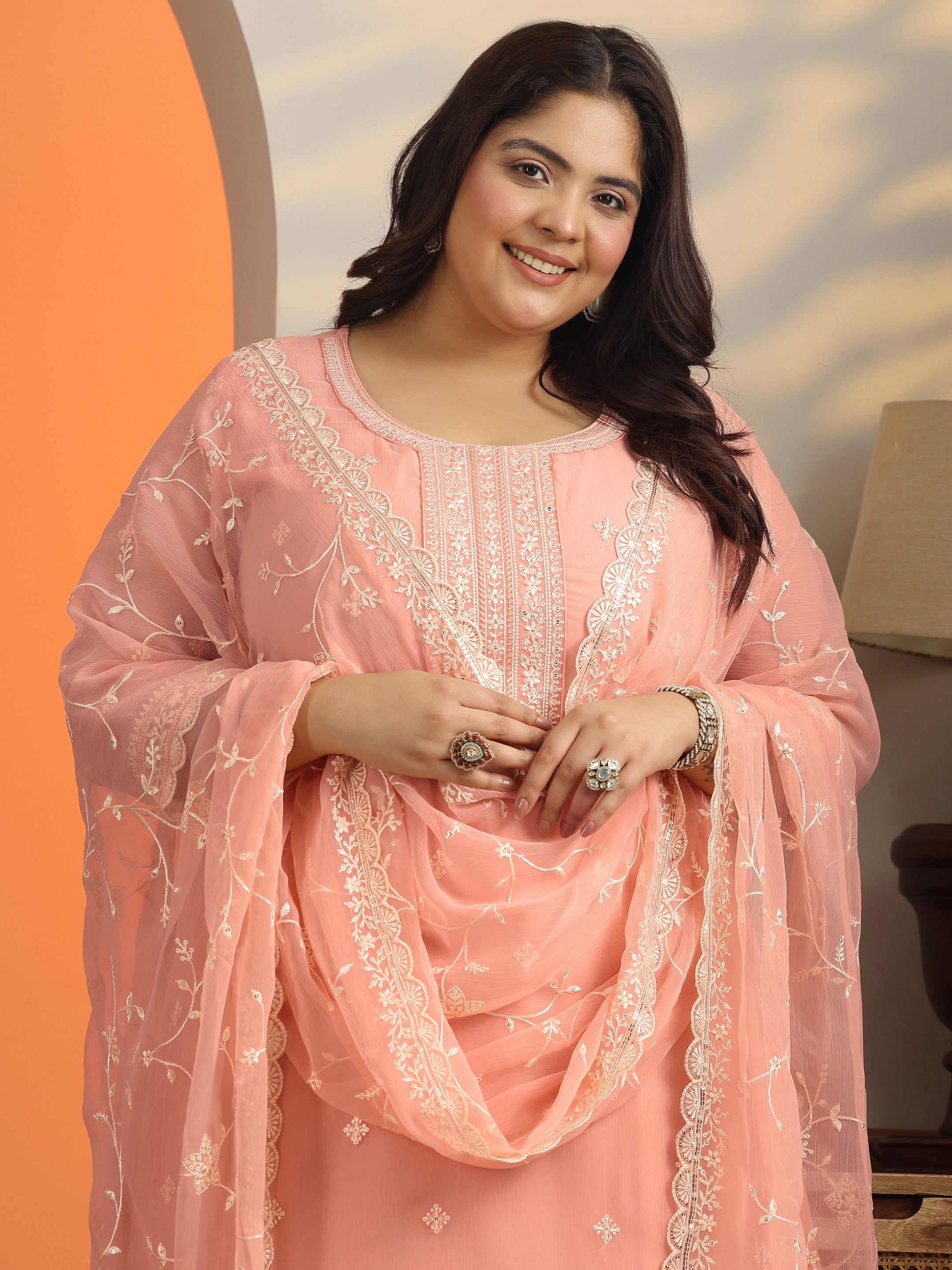 libas Plus Size Peach Embroidered Chiffon Straight Suit Set With Dupatta-picture-61