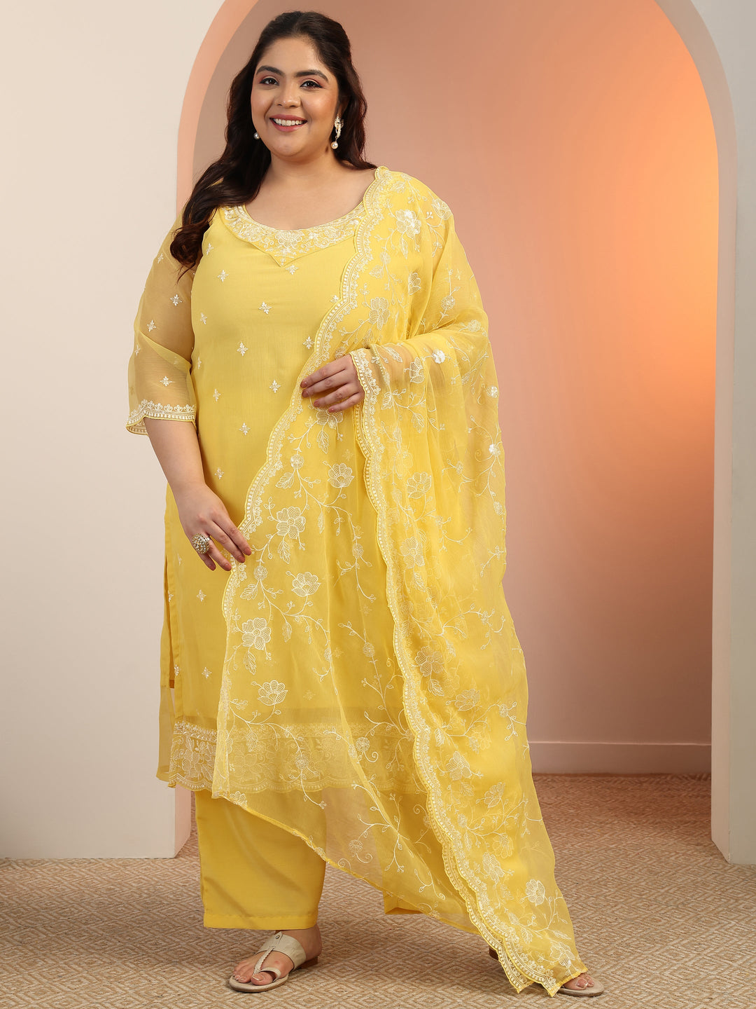  Plus Size Yellow Embroidered Chiffon Straight Suit Set With Dupatta 