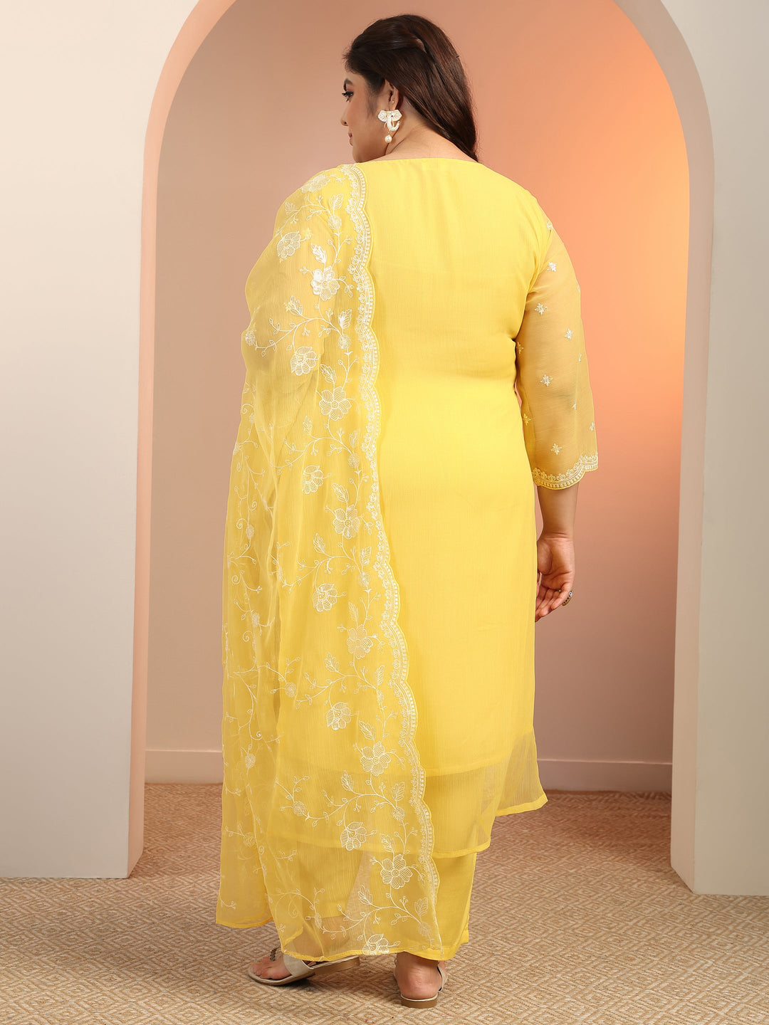  Plus Size Yellow Embroidered Chiffon Straight Suit Set With Dupatta 