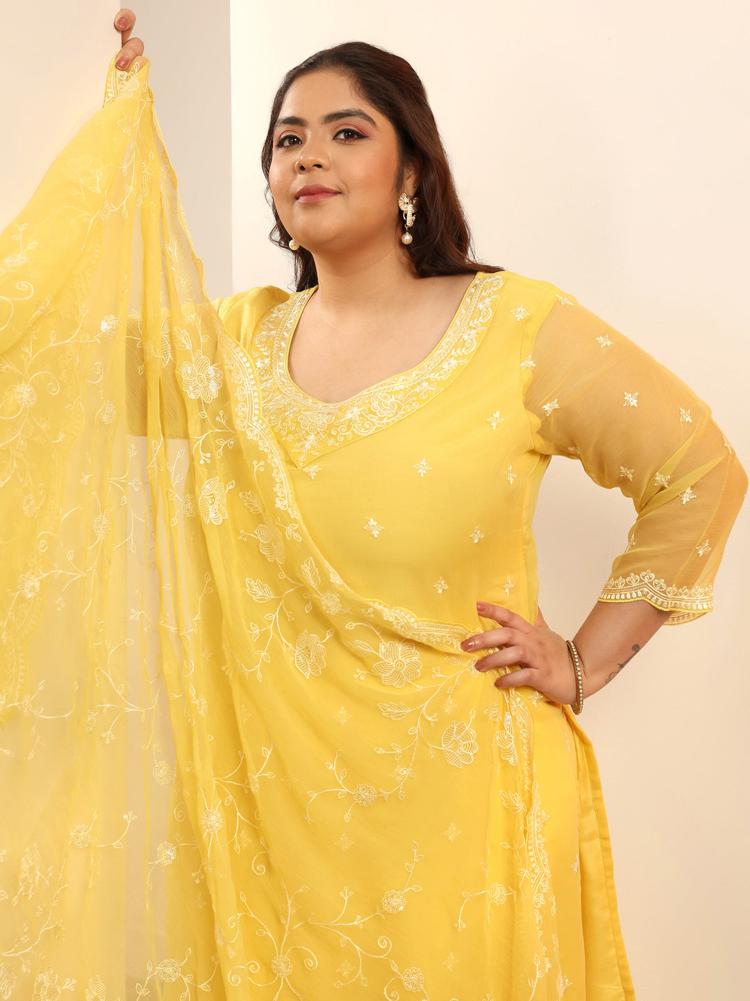  Plus Size Yellow Embroidered Chiffon Straight Suit Set With Dupatta 