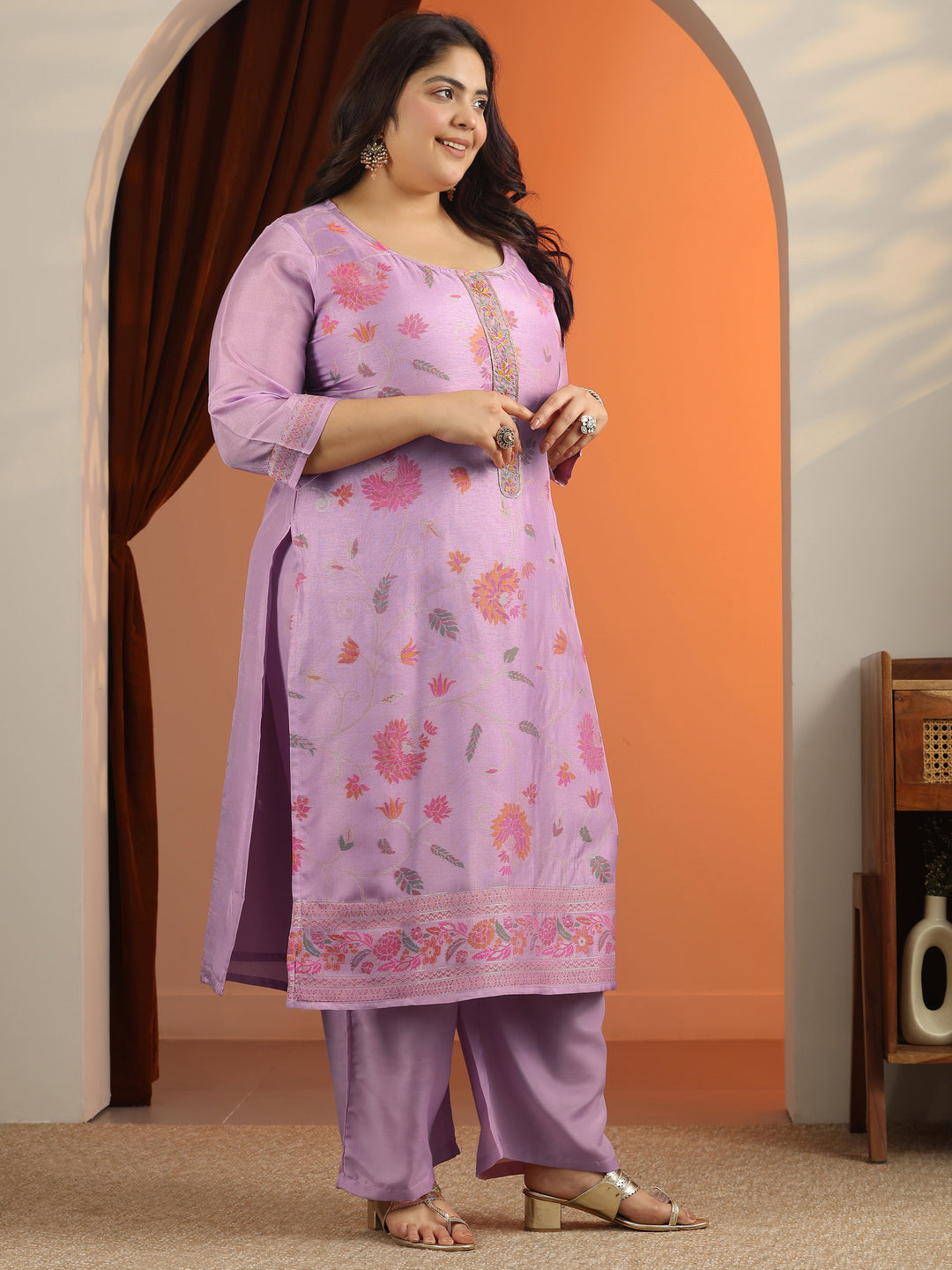  Plus Size Lavender Woven Design Silk blend Straight Suit Set With Dupatta 