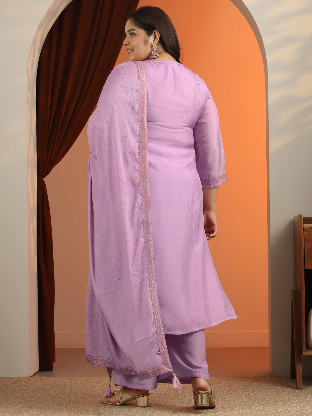  Plus Size Lavender Woven Design Silk blend Straight Suit Set With Dupatta 