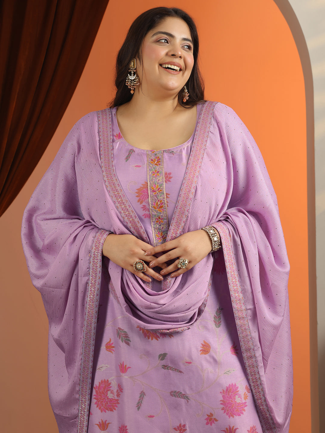  Plus Size Lavender Woven Design Silk blend Straight Suit Set With Dupatta 