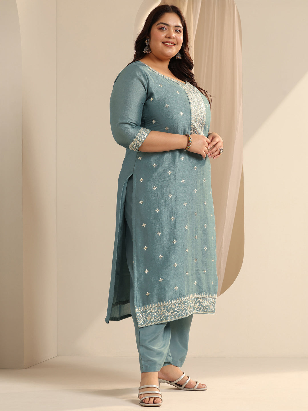  Plus Size Blue Embroidered Silk blend Straight Suit Set With Dupatta 