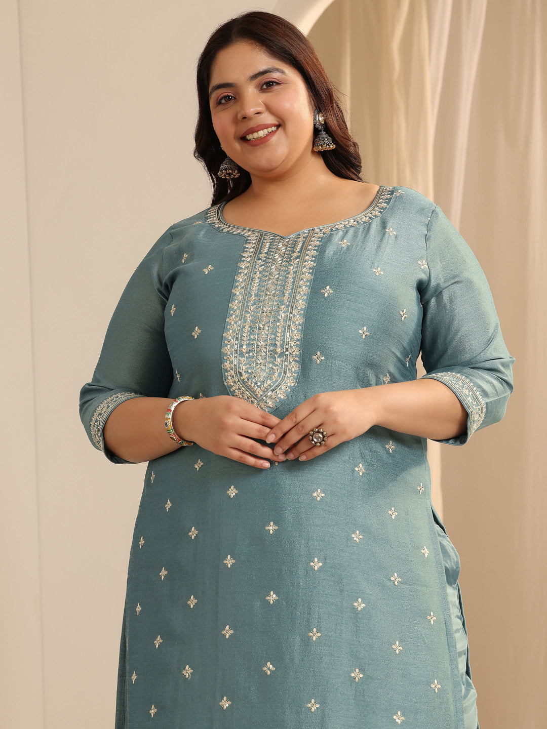  Plus Size Blue Embroidered Silk blend Straight Suit Set With Dupatta 