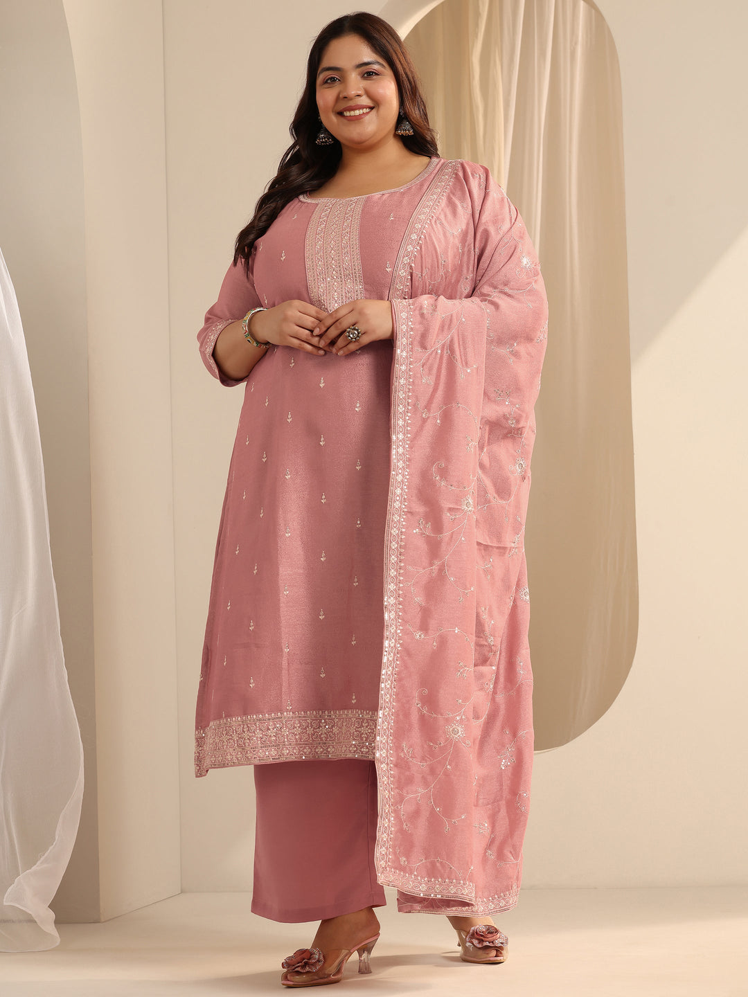  Plus Size Peach Embroidered Silk blend Straight Suit Set With Dupatta 
