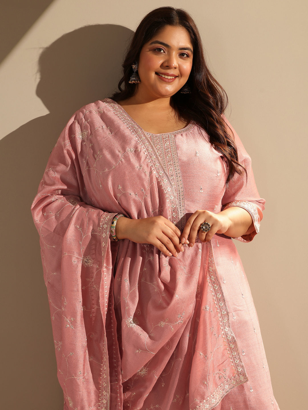  Plus Size Peach Embroidered Silk blend Straight Suit Set With Dupatta 