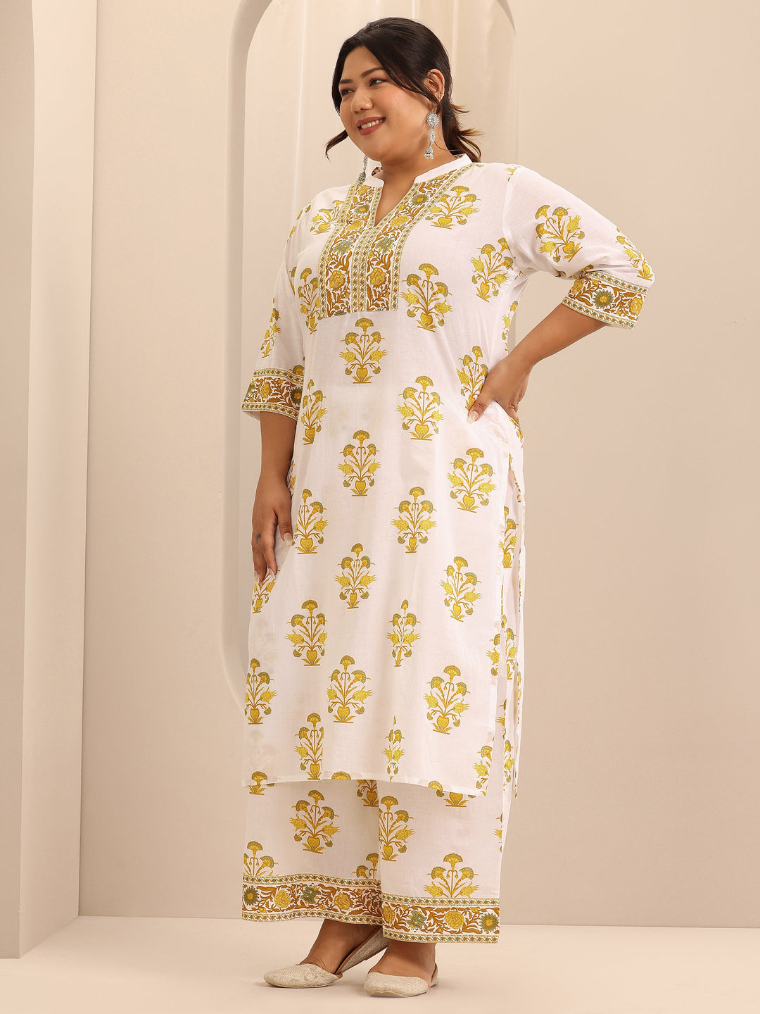  Plus Size White Printed Cotton Straight Suit Set With Dupatta 