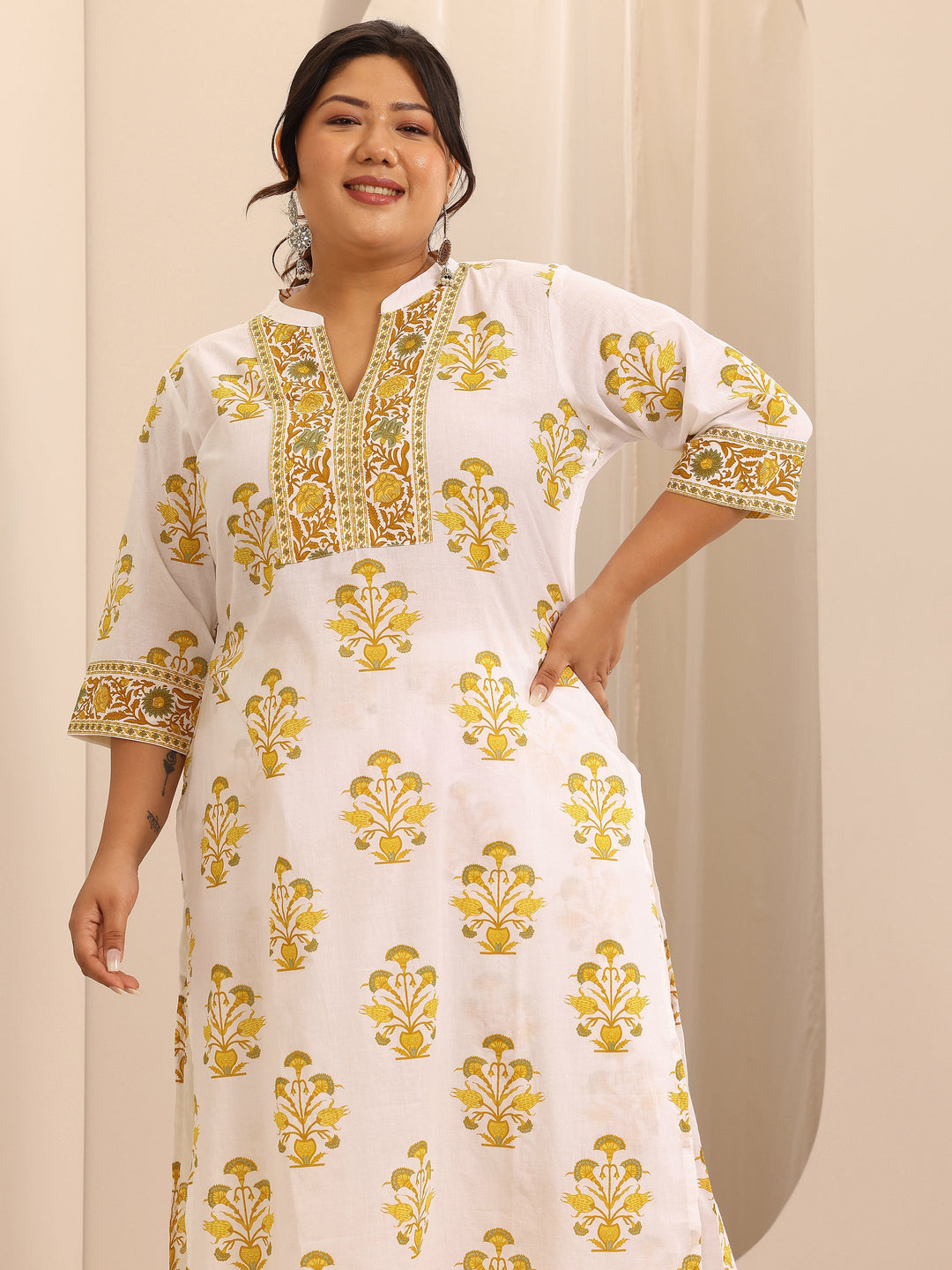  Plus Size White Printed Cotton Straight Suit Set With Dupatta 