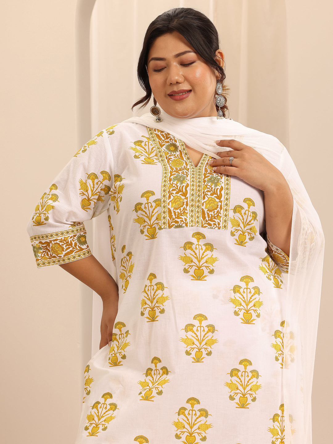  Plus Size White Printed Cotton Straight Suit Set With Dupatta 