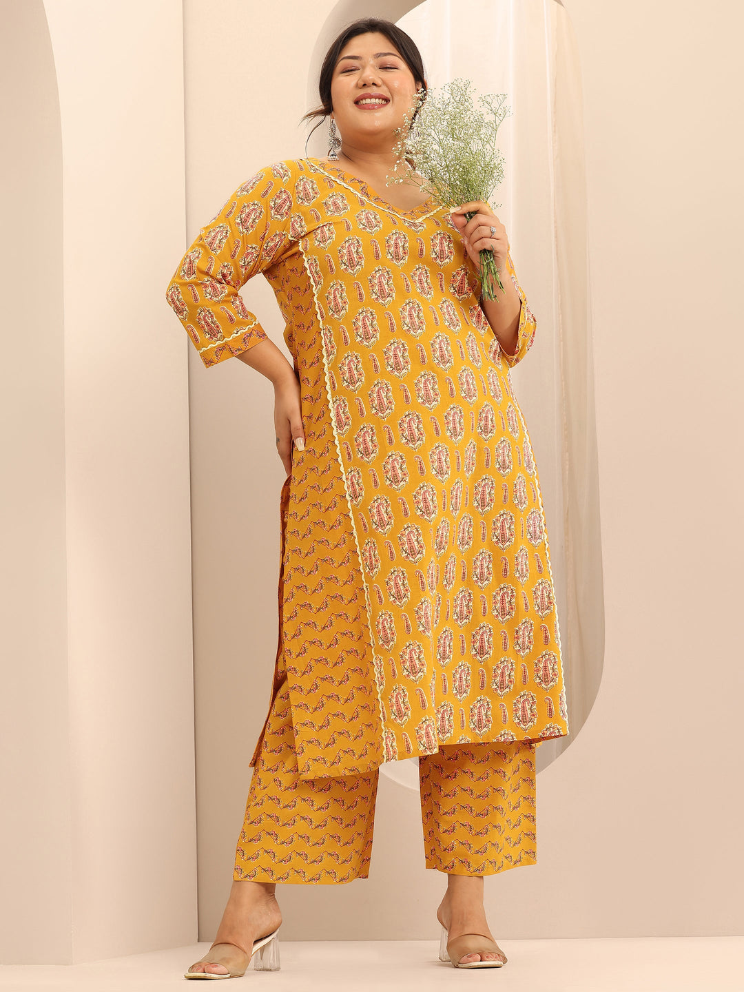  Plus Size Mustard Printed Cotton Straight Kurta Set 