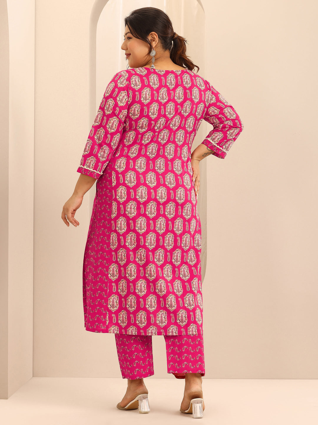  Plus Size Pink Printed Cotton Straight Kurta Set 