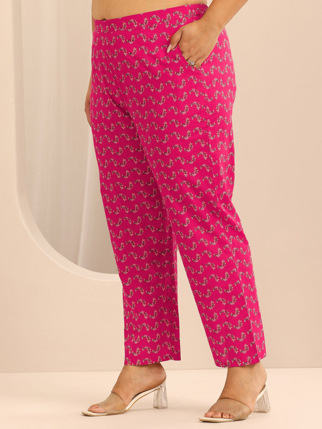  Plus Size Pink Printed Cotton Straight Kurta Set 