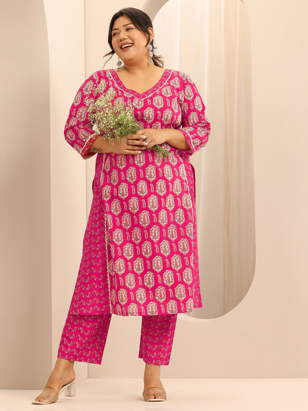  Plus Size Pink Printed Cotton Straight Kurta Set 