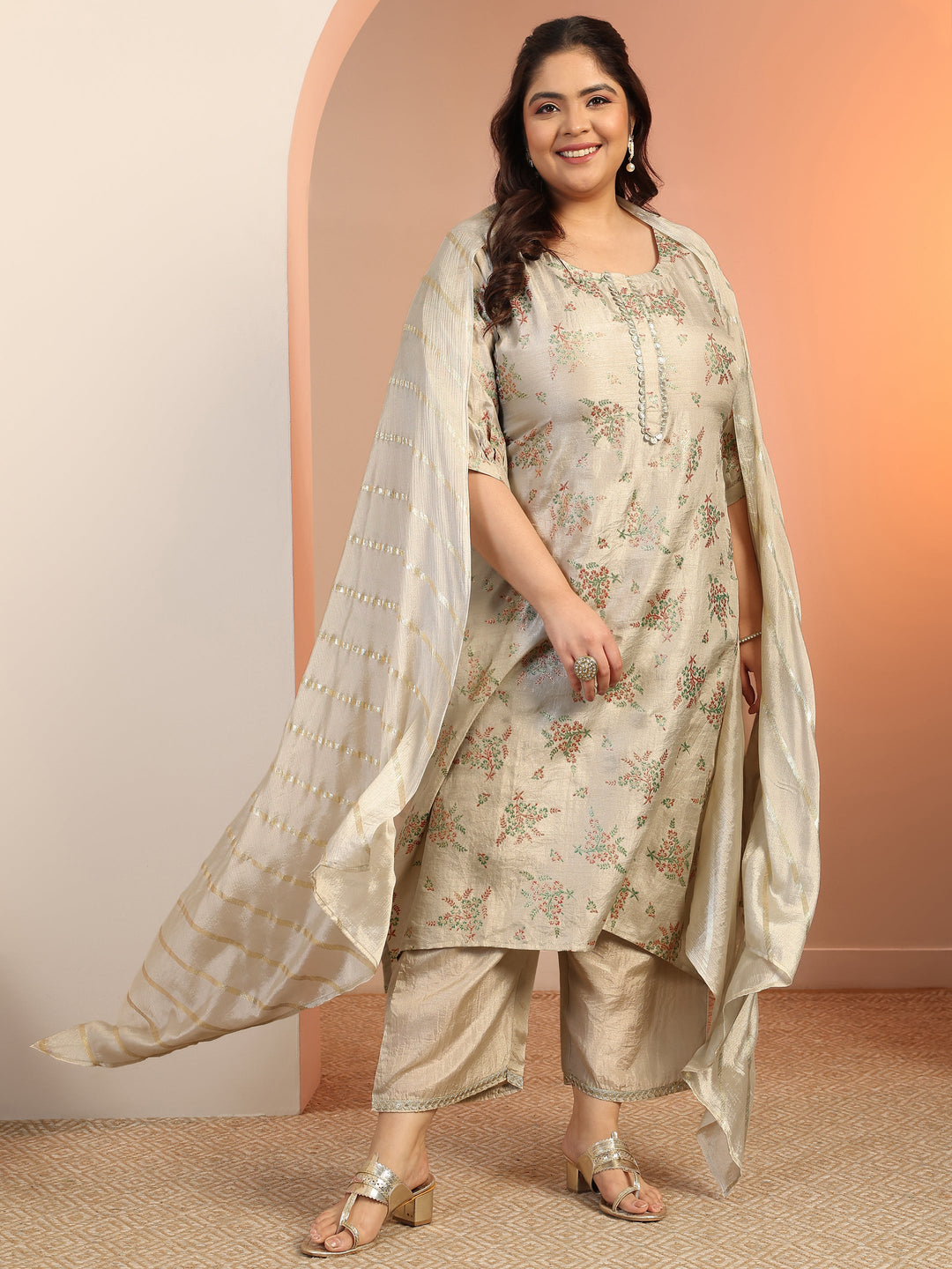  Plus Size Grey Woven Design Silk Blend Straight Suit Set With Dupatta 