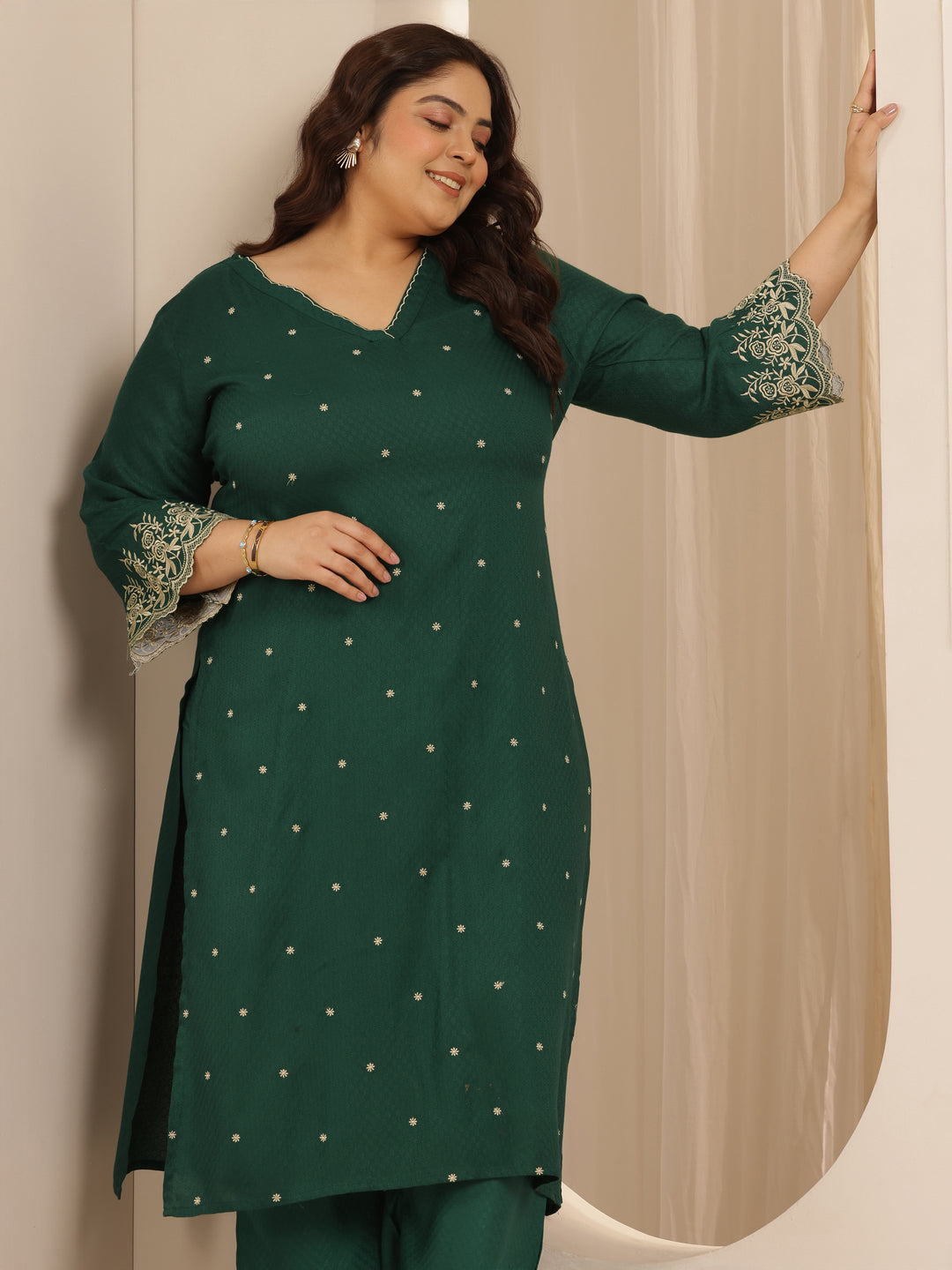 Plus Size Green Woven Design Viscose Straight Kurta Set