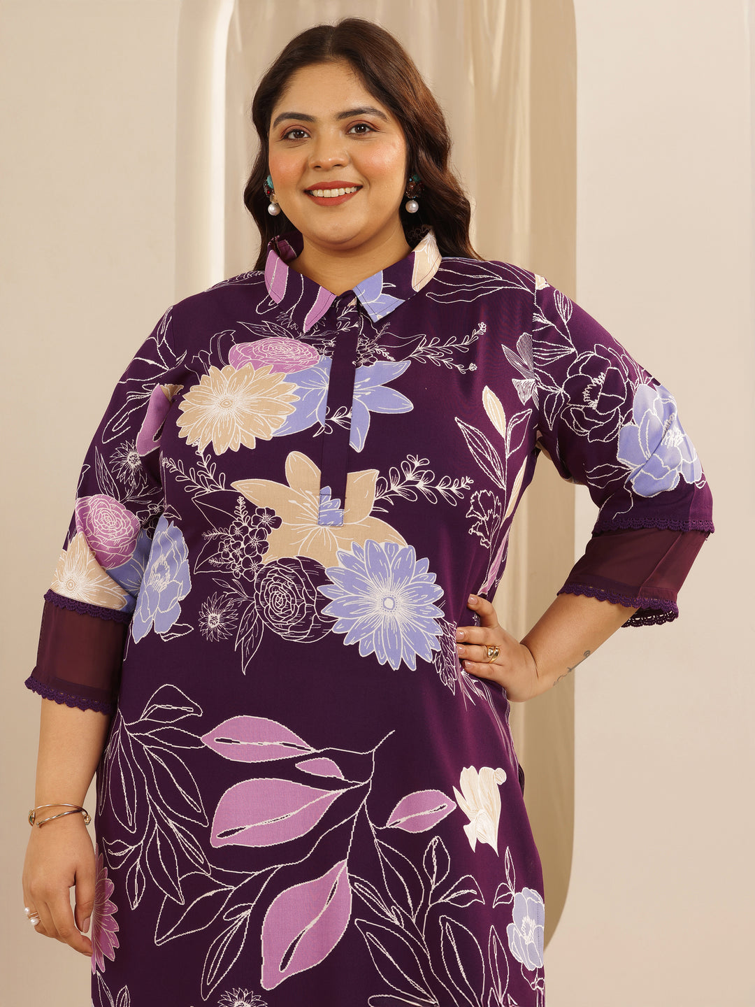  Plus Size Burgundy Printed Viscose Straight Kurta Set 