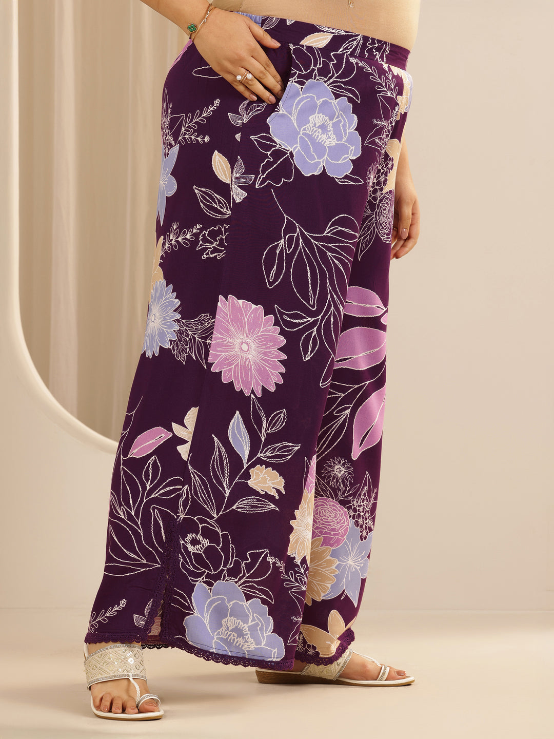  Plus Size Burgundy Printed Viscose Straight Kurta Set 