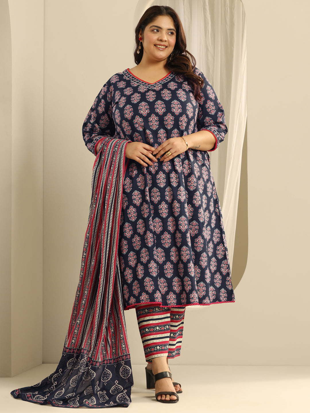  Plus Size Navy Blue Printed Cotton A-Line Suit Set With Dupatta 
