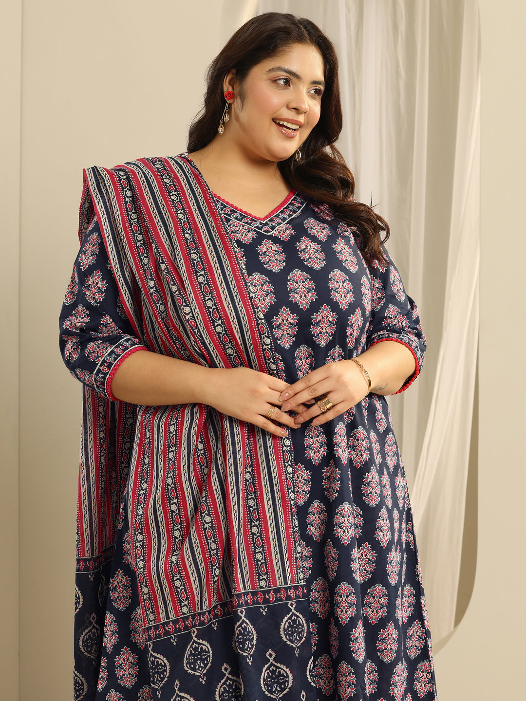  Plus Size Navy Blue Printed Cotton A-Line Suit Set With Dupatta 