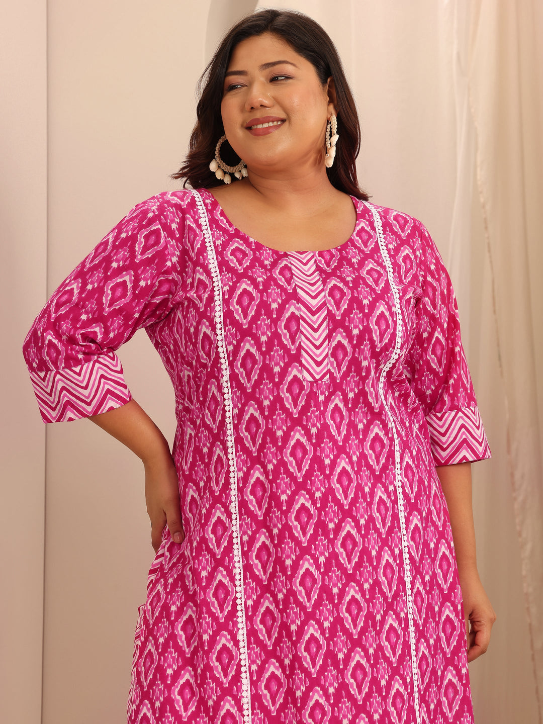 Plus Size Pink Printed Cotton Straight Suit Set With Dupatta 