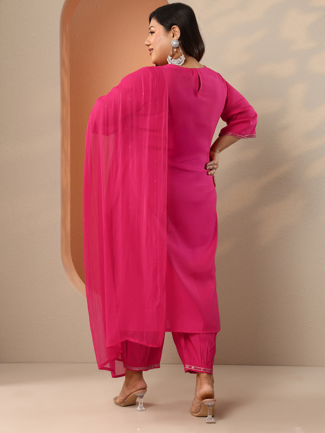  Plus Size Pink Embellished Silk Blend Straight Suit Set With Dupatta 