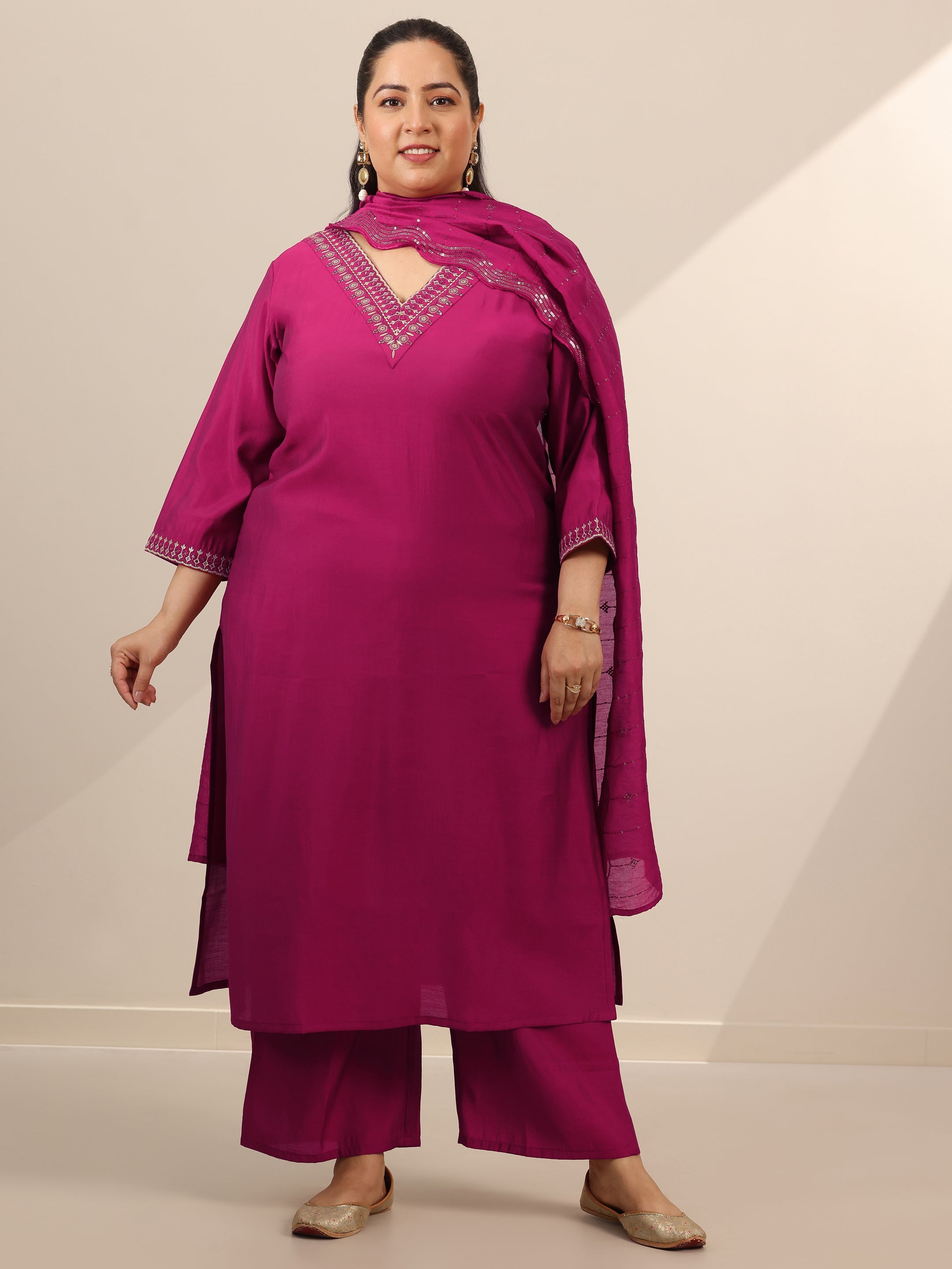 libas Plus Size Burgundy Yoke Design Silk Blend Straight Suit Set With Dupatta-picture-14