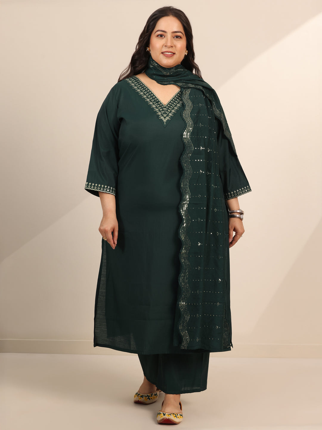  Plus Size Teal Yoke Design Silk Blend Straight Suit Set With Dupatta 