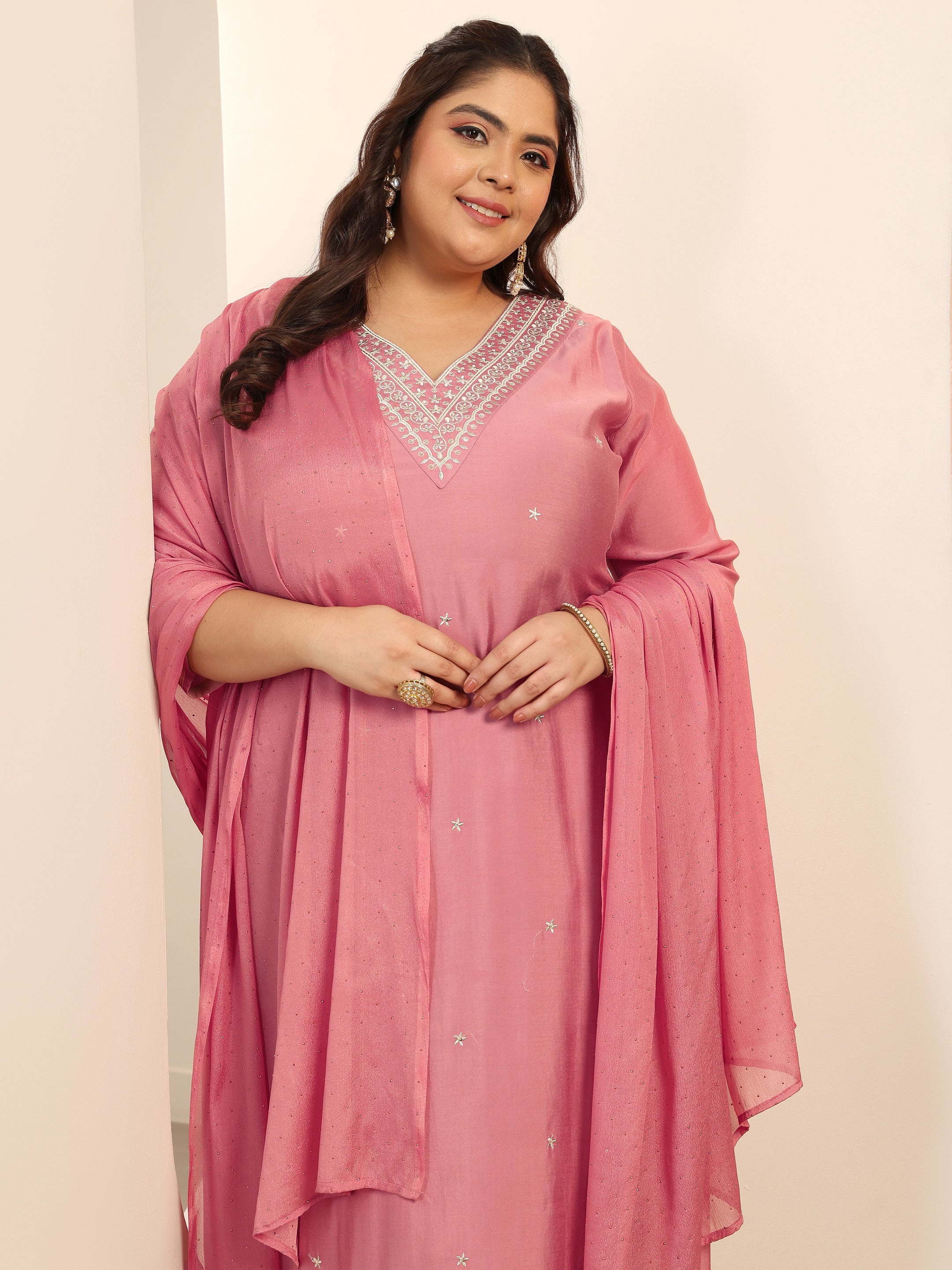 Plus Size Mauve Embroidered Silk blend Straight Suit Set With Dupatta-image-43