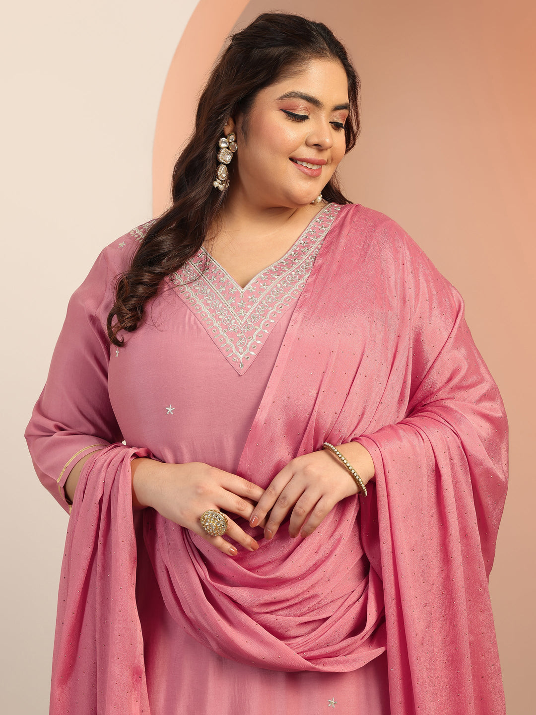  Plus Size Mauve Embroidered Silk blend Straight Suit Set With Dupatta 