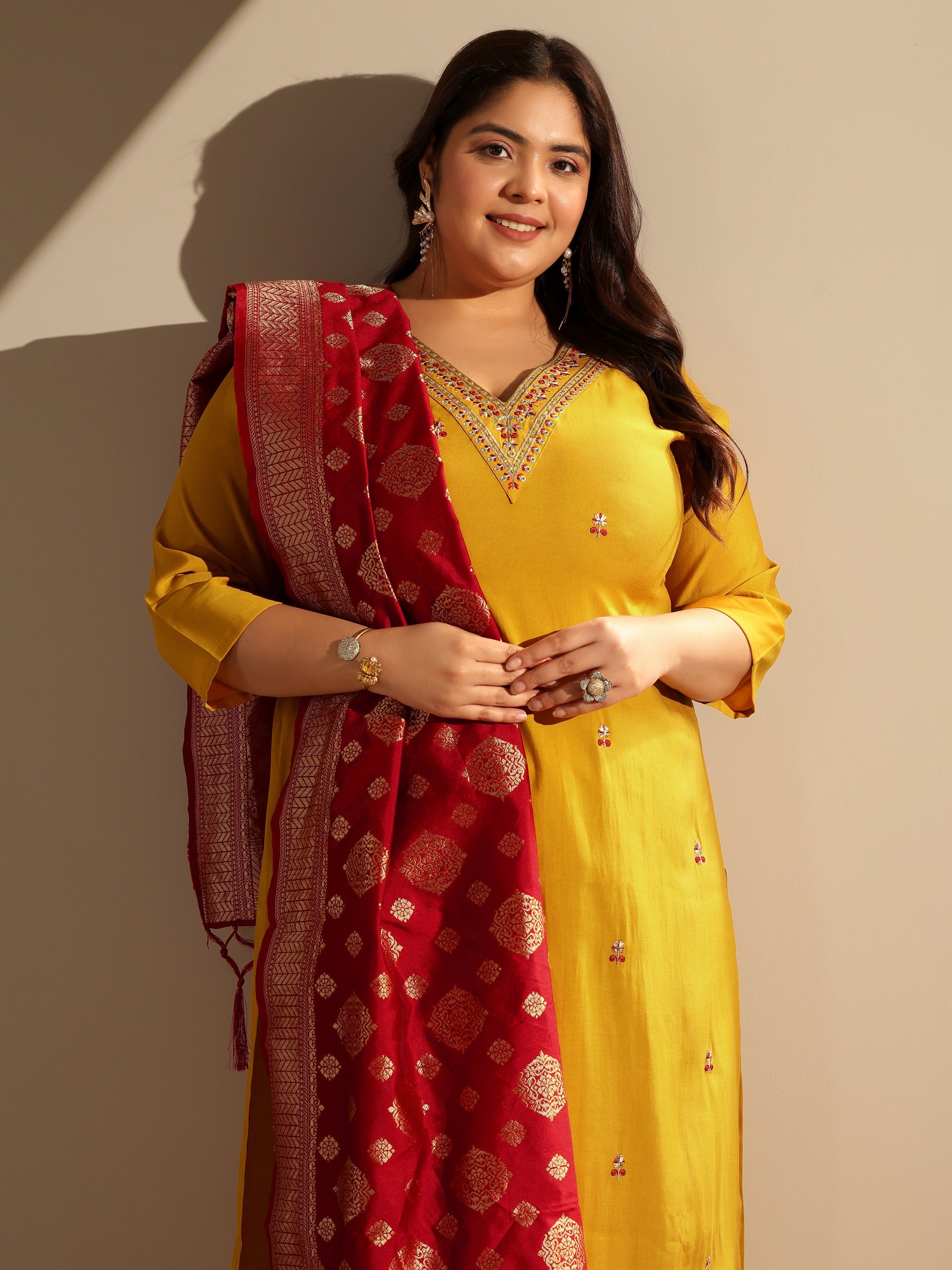 libas Plus Size Mustard Embroidered Silk blend Straight Suit Set With Dupatta-picture-10